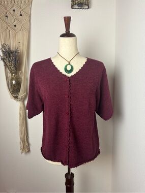 Sag Harbor Wine Scalloped-Edge Short Sleeve Cardigan